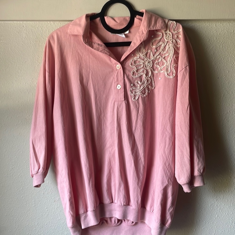 Vintage Adolfo Sport pink dolman style blouse with lace & beaded detail